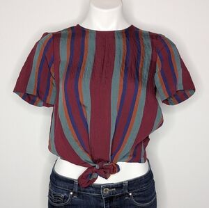 Madewell Red Blue Orange Striped Tie Front Button Back Crop Top XXS